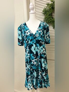 MICHAEL Michael Kors Teal, Aqua & Navy Floral V‑Neck Midi Dress